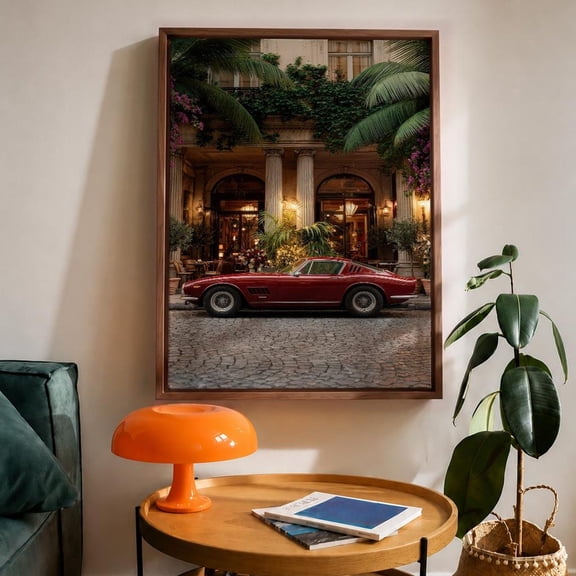 Wall Art Classic Red Car European Street Scene Oversized Wall Art, Unframed Paper Print