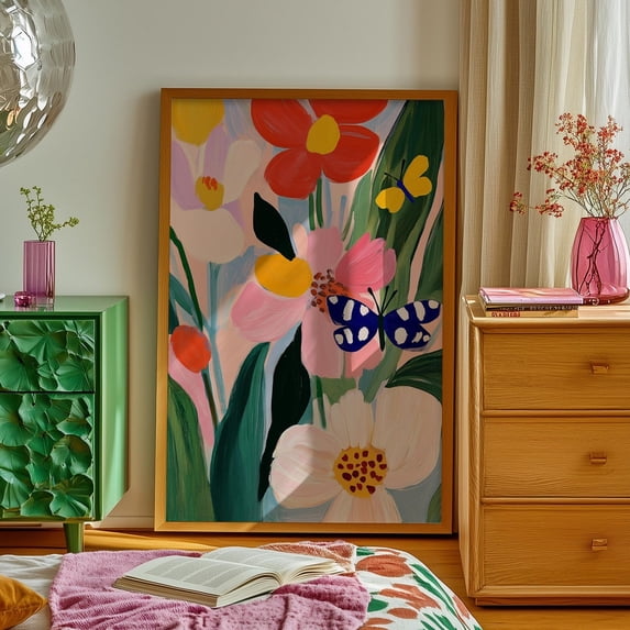 Wall Art, Colorful Floral And Butterfly Print, Boho Botanical Decor, Bold Flower Art, Vibrant Nature Inspired Art For Living Room Or Bedroom Wall Art, Modern Wall Decor For Living Room, 16x24 UNFRAMED