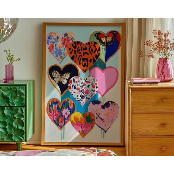 Wall Art, Colorful Heart Poster, Eclectic Bedroom Decor, Valentines Day Gift, Girly Dopamine Artwork, Bold Floral and Animal Print, 16x24 UNFRAMED