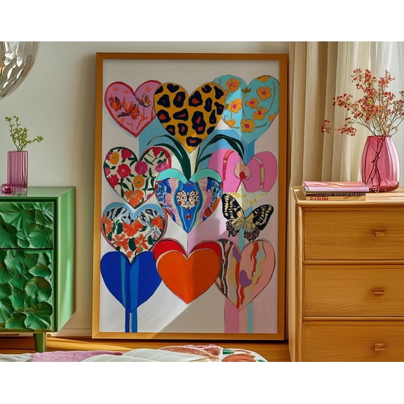 Wall Art, Colorful Heart Print, Maximalist Love Decor, Eclectic and Dopamine Bedroom Decor, Bold Floral and Animal Pattern Poster, Cute Gift, 24x36 UNFRAMED