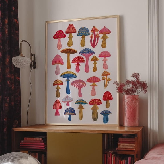 Wall Art Colorful Mushroom Print Whimsical Folk Art Poster Psychedelic 70S Room Decor Eclectic Kitchen Bedroom Living Room Art