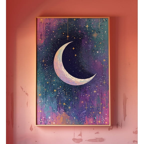 Wall Art, Crescent Moon Wall Decor Print, Dreamy Starry Night Sky Poster, Abstract Celestial Moon Art, Cosmic Boho Aesthetic Room Decor Wall Art, Modern Wall Decor, 8x12 UNFRAMED