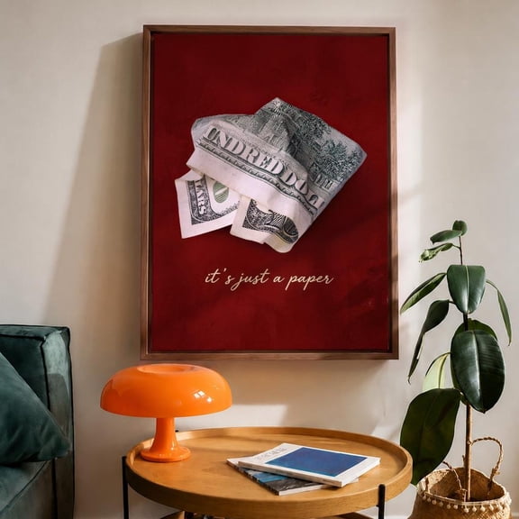 Wall Art Crumpled Hundred Dollar Bill Red Minimalist Print, Unframed Paper Print