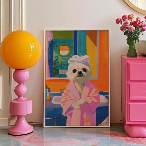 Wall Art Cute Maltese Print Funny Dog Poster Maximalist Bathroom Decor Playful Pet Portrait Bold Color Whimsical Home Art
