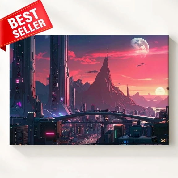 Wall Art Cyberpunk Skyline Futuristic Painted Pinks Purples Some Poster Art