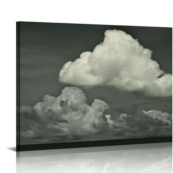 Wall Art Dark Blue Moody Cloud Painting, Abstract Minimalist Surreal Art Zen Sky Canvas Print, Black White Clouds Artwork Living Room Decor 16x12in
