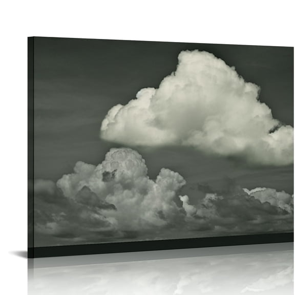 Wall Art Dark Blue Moody Cloud Painting, Abstract Minimalist Surreal Art Zen Sky Canvas Print, Black White Clouds Artwork Living Room Decor 16x12in