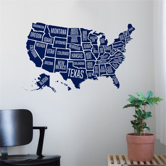 Wall Art Decal USA Map State Sticker Home Office Decoration for Bedroom Living Room Window Blue
