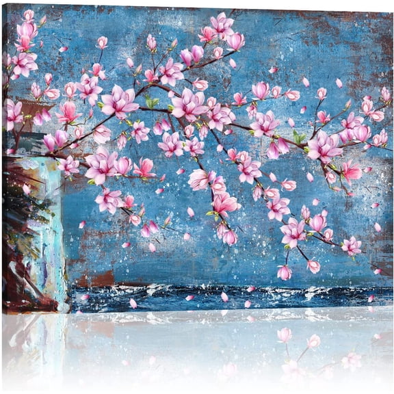 Wall Art Decor Flower Artworks For Bathroom Bedroom Magnolia Canvas Wall Decor Blue And Pink Flower Oil Painting Modern Home Decoration 12"X16"