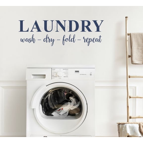 Wall Art Decor for Laundry Room - Laundry Room Vinyl Wall Decal Saying Wash Dry Fold Repeat - Wall Sticker Vinyl Lettering Laundry Room Door Sign Stickers 36x11- Inch Deep Blue