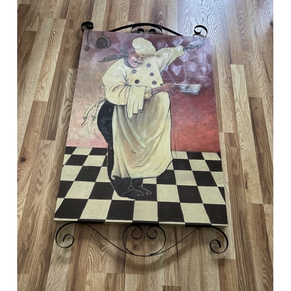 Wall Art Decor, Pasta Time Fat Chef, 43" x 24" Metal Frame Box Shaped