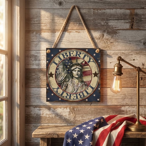 Wall Art Decor, Patriotic Home Decor, Vintage 4Th of July Decor, Independence Day Decorations, 6X6 Inch Rustic Wooden Hanging Plaque with Retro Liberty Print for Indoor Wall and