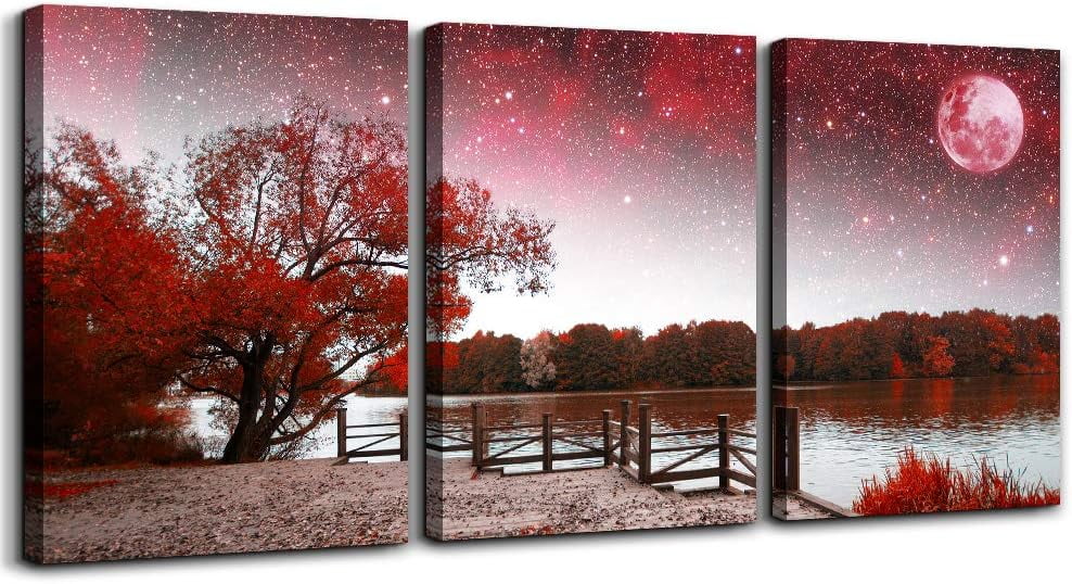 Red Tree Moon Starry Sky Landscape Canvas Wall Art Set