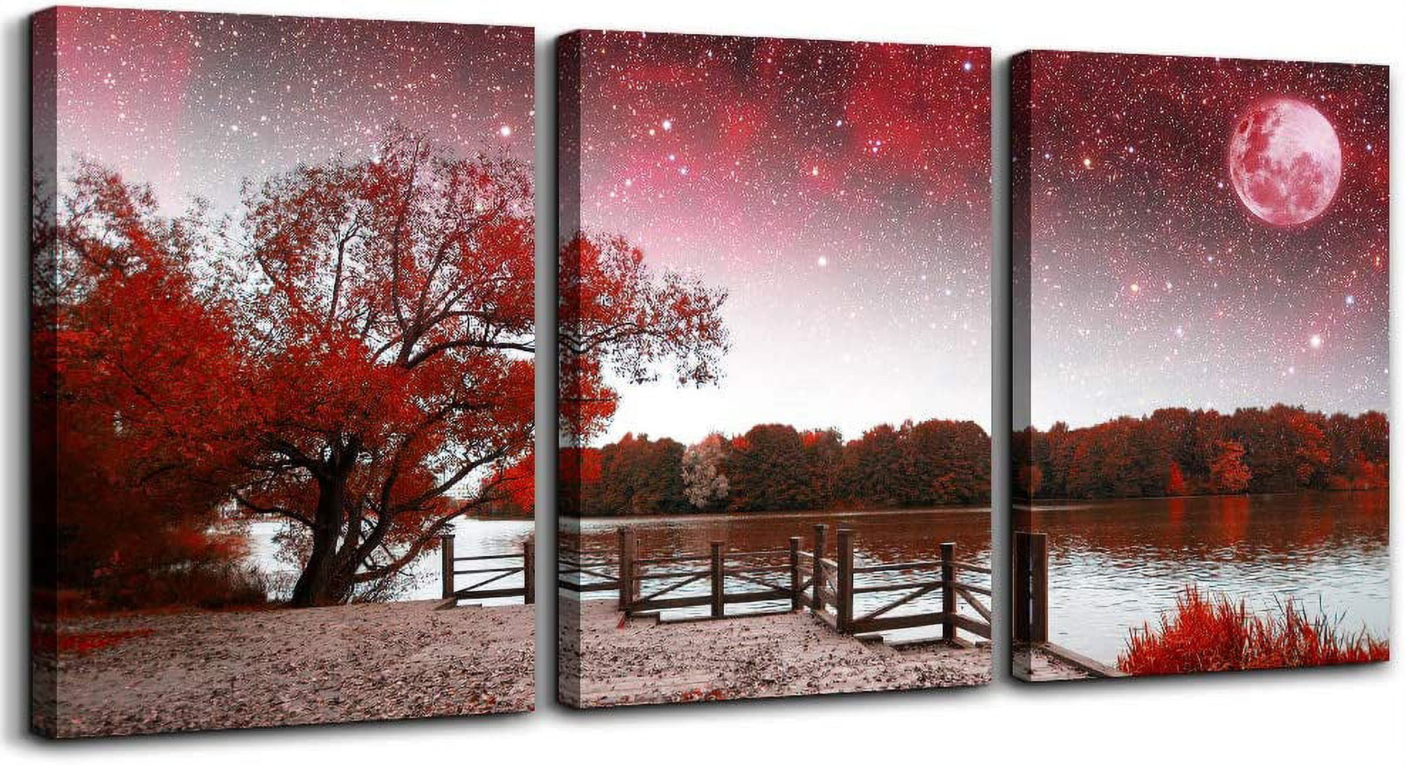 Red Tree Moon Starry Sky Landscape Canvas Wall Art Set