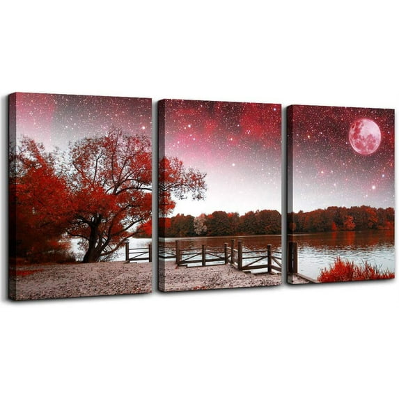 Wall Art Decor Poster Living Room abstract Red Tree Moon Starry Sky red Landscape Painting Bathroom Wall Art Bedroom Canvas Prints 3 Pieces Picture Works Ready to Hang Office Home decoration Artwork