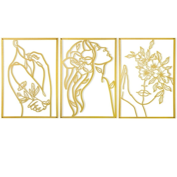 Wall Art Decor for Room Decor, 3 Pcs Metal Wall Art, Gold Wall Decor Above Bed, Minimalist Female Line Wall Hangings for Home Living Room Bedroom Bathroom