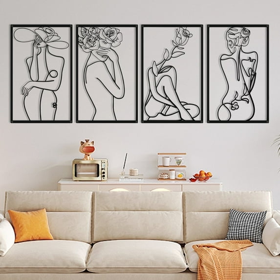 Wall Art Decor for Room Decor, 4 Piece Abstract Metal Wall Art, Female Black Wall Decor, Minimalist Flower Line Wall Hangings for Home Living Room Bedroom Bathroom