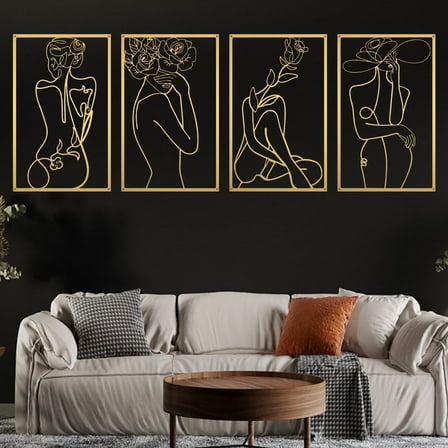 Wall Art Decor for Room Decor, 4 Piece Abstract Metal Wall Art, Female Gold Wall Decor, Minimalist Flower Line Wall Hangings for Home Living Room Bedroom Bathroom