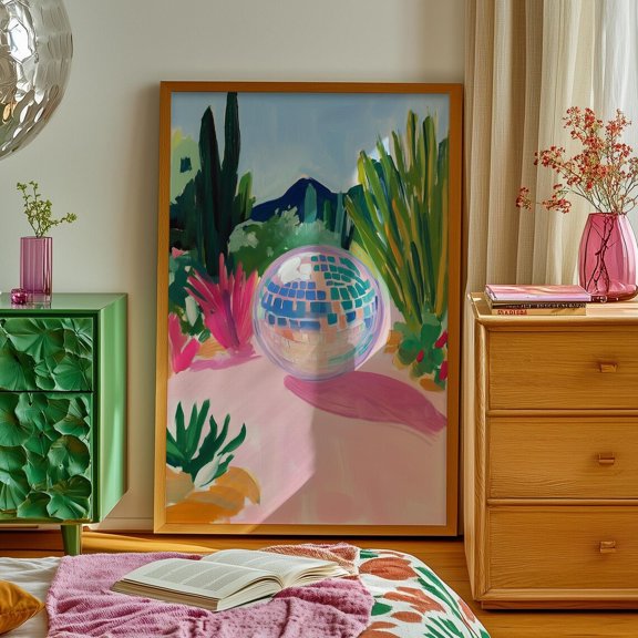 Wall Art, Disco Ball Art, Southwest Desert Art, Cactus Print, Western Boho Decor, Texas Desert Scene, Maximalist Art, Eclectic Wall Art Wall Art, Modern Wall Decor For Living Room, 8x12 UNFRAMED