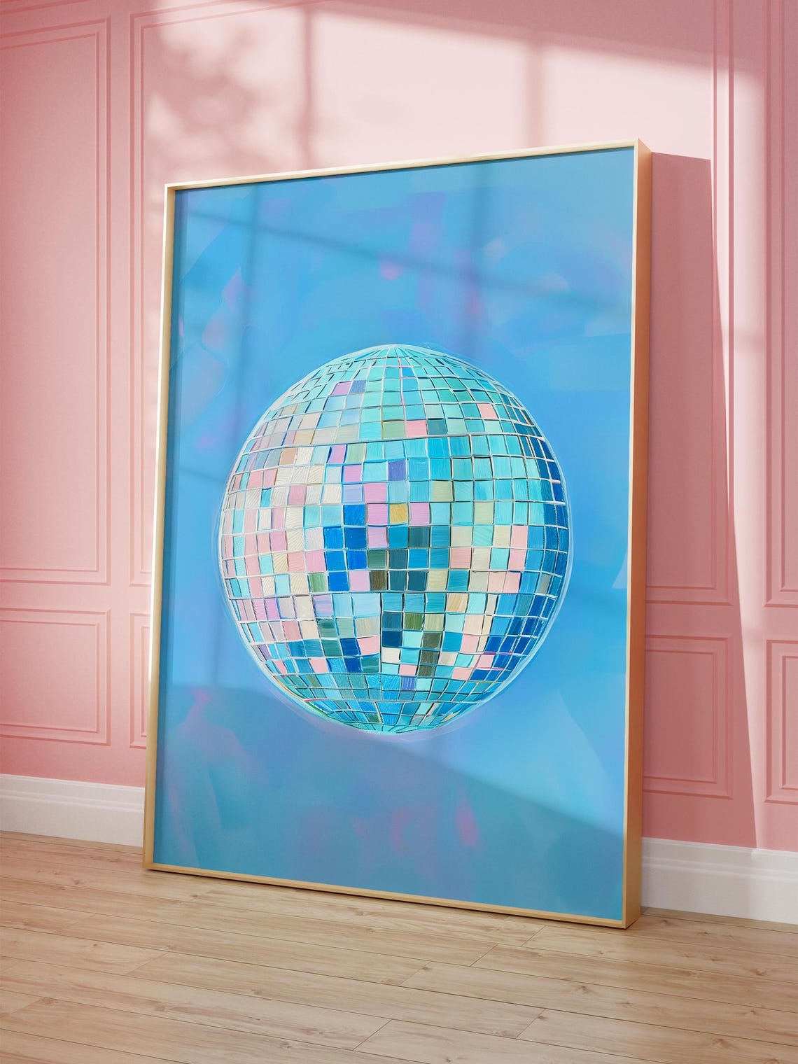 Wall Art, Disco Ball Maximalist Oil Painting, Bright Pastel Blue Girly ...