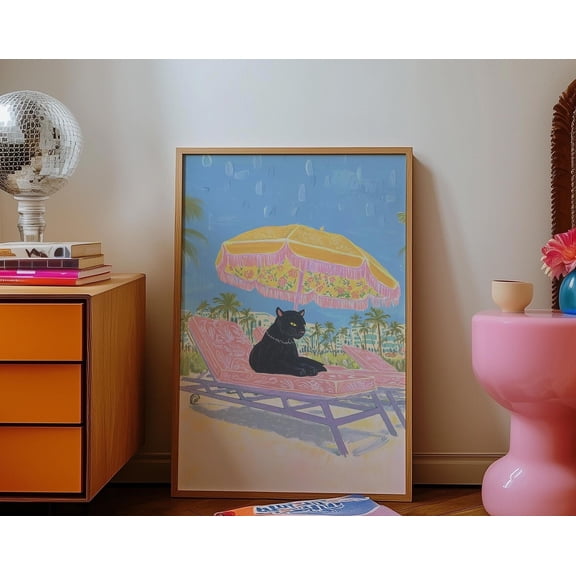 Wall Art, Dopamine Decor, Black Cat Beach Print, Maximalist Summer Art, Coastal Glam Aesthetic, Pink Tropical Bedroom Retro Palm Beach Decor, 8x12 UNFRAMED