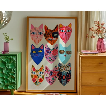 Wall Art, Eclectic Cat Faces Print, Floral Cat Decor, Dopamine Decor, Maximalist Cat Lover Gift, Quirky Animal Art, Colorful Pet Room Decor, 8x12 UNFRAMED
