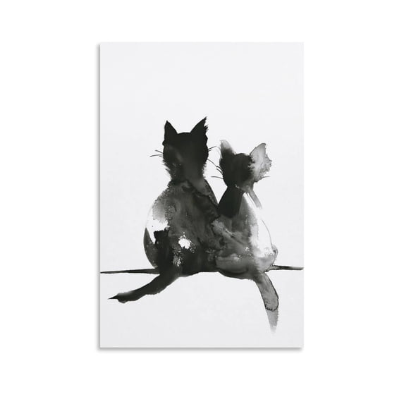 Wall Art Farmhouse Cat Couple Print Minimalist Black & White Watercolor Painting Two Cats Picture Print Canvas Poster Wall Paint Art Posters Decor Modern Home Artworks Gift 24x36inch(60x90cm)