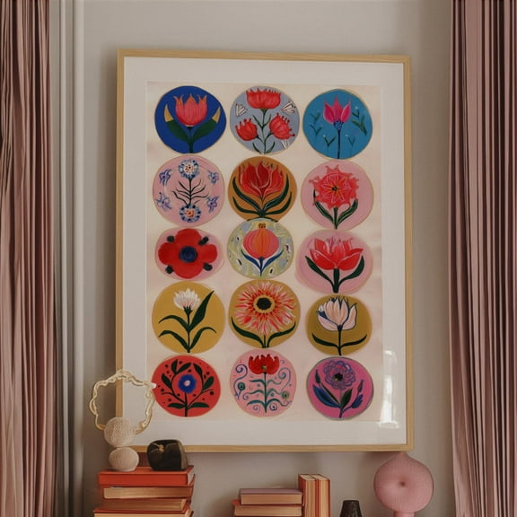 Wall Art, Folk Art Floral Print, Colorful Round Flower Poster, Eclectic Boho Wall Decor, Bedroom Kitchen Nursery Art, Bold Botanical Wall Art, Modern Wall Decor For Living Room, 8x12 UNFRAMED