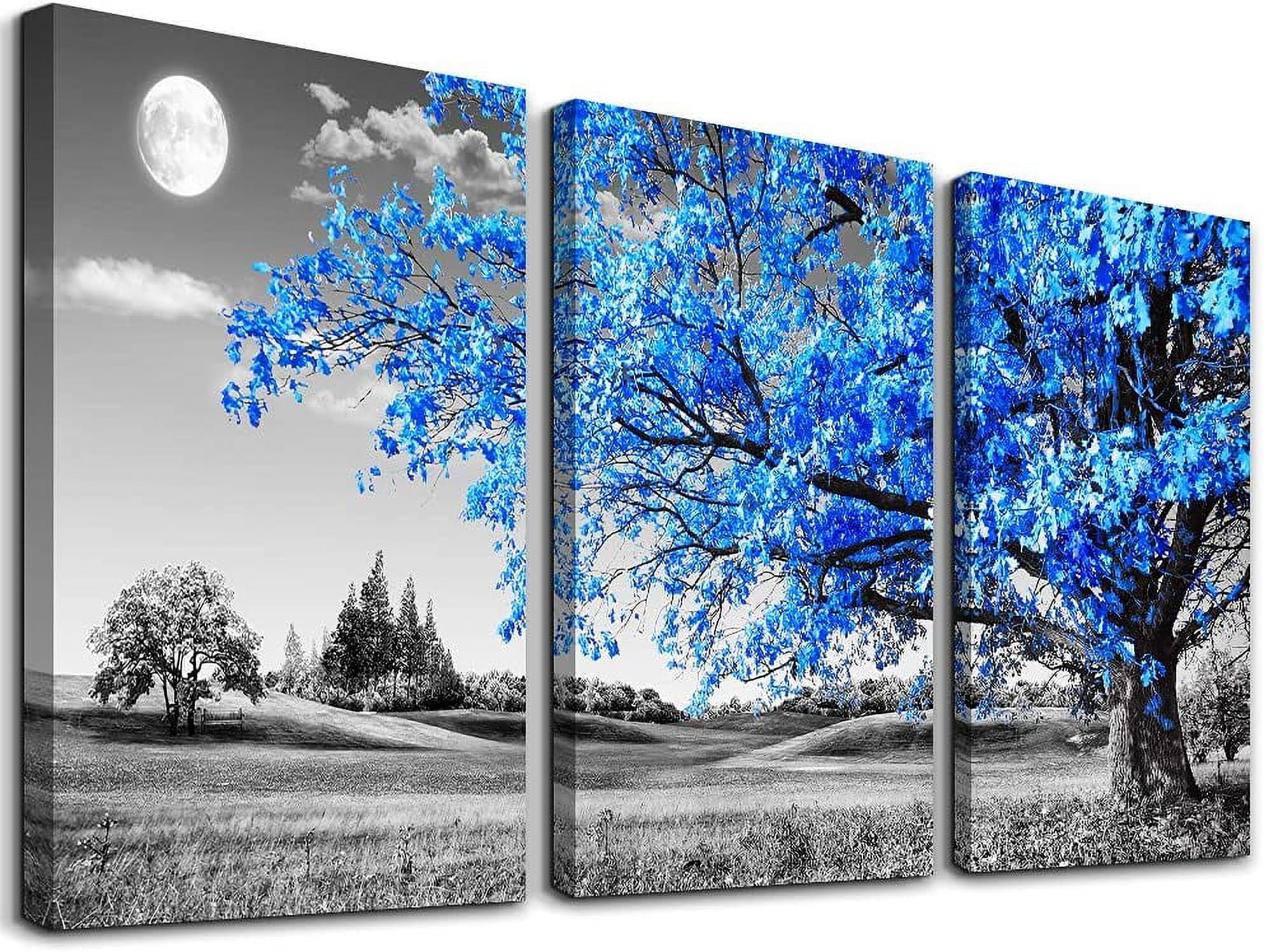 Blue Trees and Moon Landscape Canvas Print Set