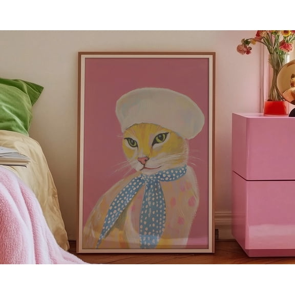 Wall Art, French Cat Print, Paris Aesthetic, Dopamine Decor, Danish Pastel, Chic Bedroom Art, Whimsical Cat Lover Gift, Cute Kitty Poster, 16x24 UNFRAMED