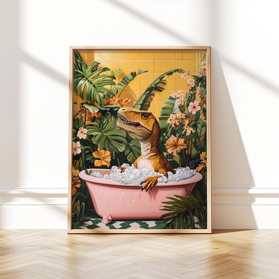 Wall Art, Golden T-Rex Bath Bathroom Print, Dopamine Decor, Dinosaur in Pink Tub, Tropical Jungle Plants, Bold Wall Poster, Eclectic Decor 24x36 UNFRAMED