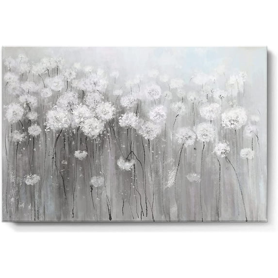 Wall Art Grey and White Flowers Modern Farmhouse Paintings Botanical Blossom Dandelion Pictures Artwork Floral Canvas Prints Living Room Bedroom Bathroom Home Decoration