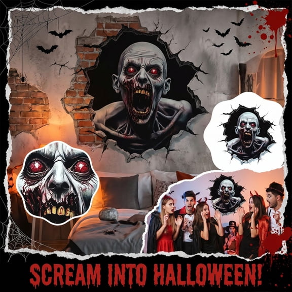 Wall Art for Home Decor, Zombie Halloween Decorations, Peel and Stick Wall Decor, Creepy Halloween Decorations, 3D Tear-Through Visual Decal That Sticks Seamlessly to Smooth Walls