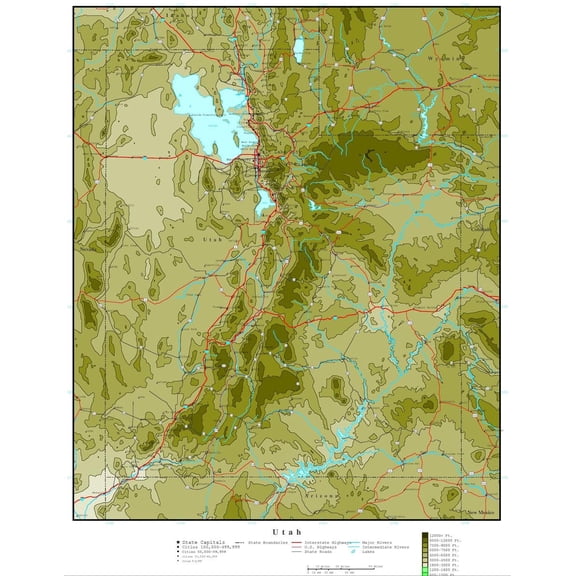 Wall Art Impressions 24"x30" Laminated Poster :: Topographic Map - Utah Elevation Map [Plain Coated Paper]