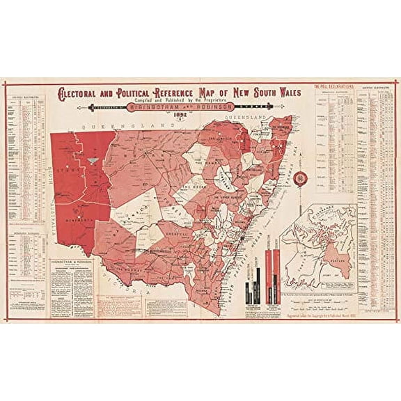 Wall Art Impressions :: 24"x39" Map of New South Wales 1892 Poster Rare Vintage and Modern Maps Electoral and Political Reference【Laminated】