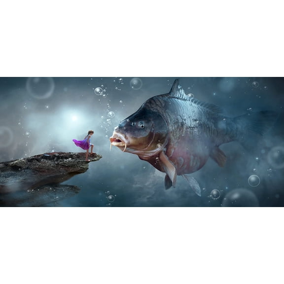 Wall Art Impressions 24x11in Photo Paper Fantasy Carp Girl Child Water Rock Encounter