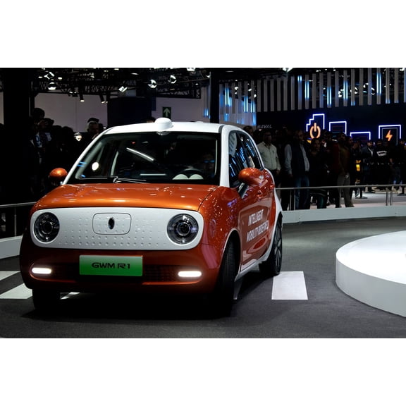 Wall Art Impressions 24x16in Orange And White Mini Cooper On Road Photographic Print Poster