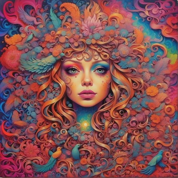Wall Art Impressions 24x24in Poster Stunning & Vibrant Modern Art Trippy Stoner Psychedelic Colors girl lips hair (Rolled Canvas)