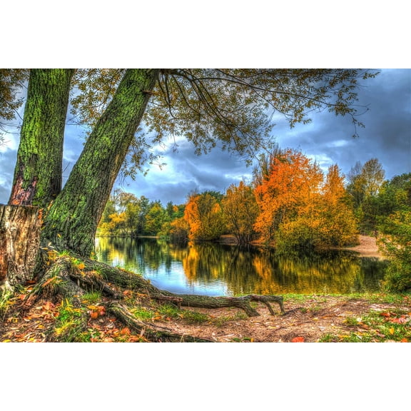 Wall Art Impressions 24x36in Autumn Scenery Pictures Photographic Print Poster Trees Lake, landscape, skys, clouds, reflection