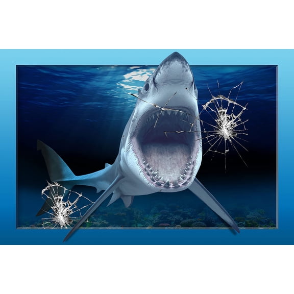 Wall Art Impressions 24x36in Killer Megalodon Shark Photo Poster Wildlife - Breaking Aquarium Glass