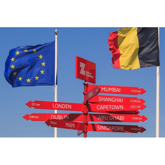 Wall Art Impressions 24x36in Zeebrugge Belgium Art Print Most Beautiful Places in Belgium Signpost with EU Flag and Belgium-Flag Belgique