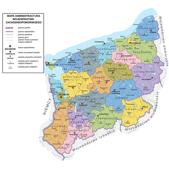 Wall Art Impressions 26x24in Poster West Pomeranian Voivodeship administrative map. northwestern Pola