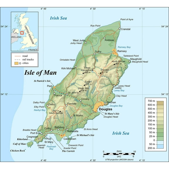 Wall Art Impressions 26x24in Rolled Canvas Isle of Man Topographic Map-En