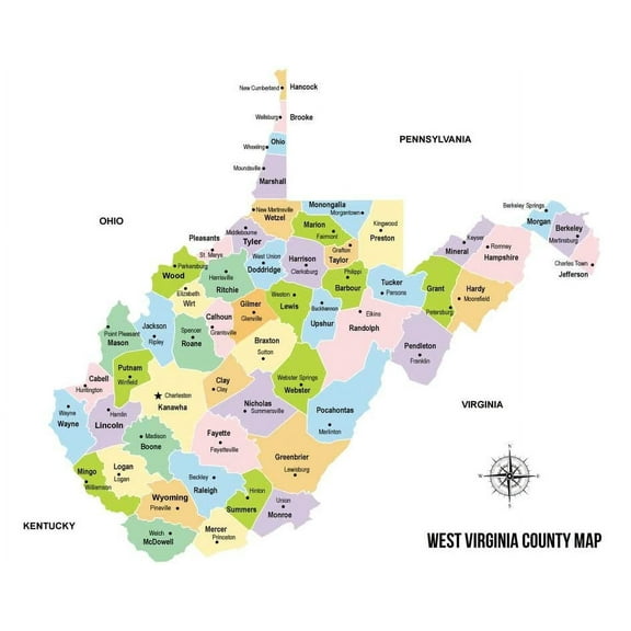 Wall Art Impressions 26x24in State of West Virginia County Map with the County Seats 【Coated Paper】