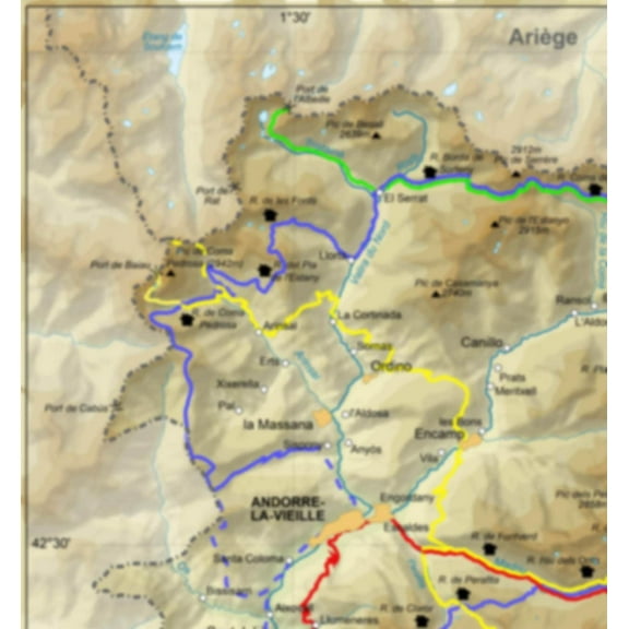 Wall Art Impressions 29x24in Map of hiking trails and mountain huts in Andorra-fr Laminated