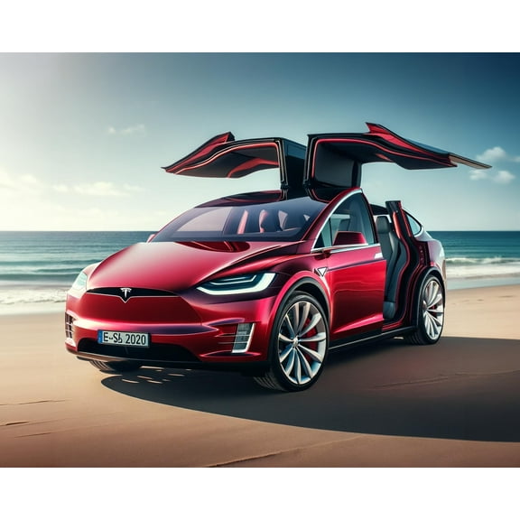 Wall Art Impressions 30x24in Poster A front side view of a red Tesla Modelxparked on a beach with i
