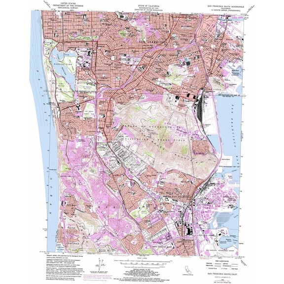 Wall Art Impressions 24"x29" Heavyweight Coated Plain Paper Poster :: San Francisco South topographic map, CA - USGS Topo Quad 37122f4 [Plain Coated Paper]
