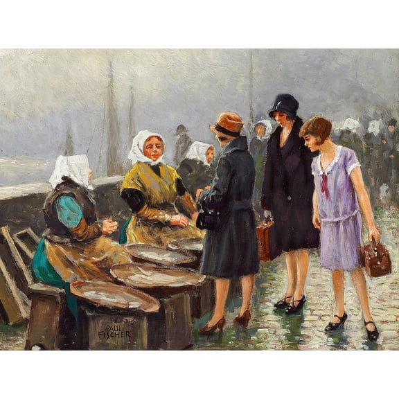 Wall Art Impressions 31x24in Photo Paper Paul Fischer - Three young ladies buying fresh fish at Gammel Strand, Copenhagen.