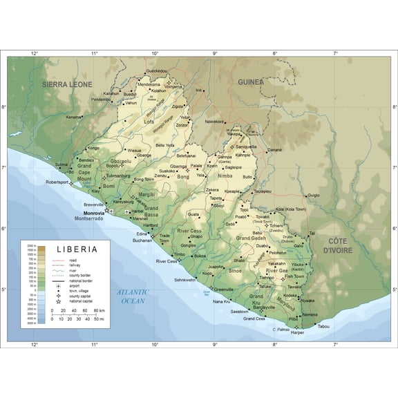 Wall Art Impressions 31x24in Poster Topographic Map of Liberia