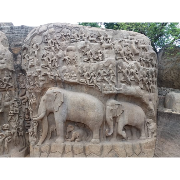 Wall Art Impressions 32x24in Photo Paper Elephant rock carvings Sculptures near Krishna Butter